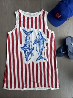 Red & White Striped Beach Cover Up Dress with Blue Fish Graphic. NWOT